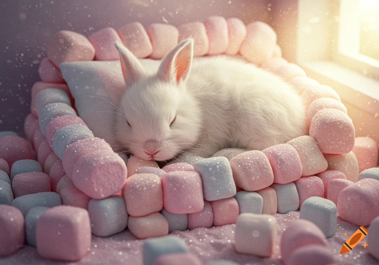 A fluffy white bunny sleeping soundly in a bed made of pink and white sugary marshmallows, with light streaming from a window.
