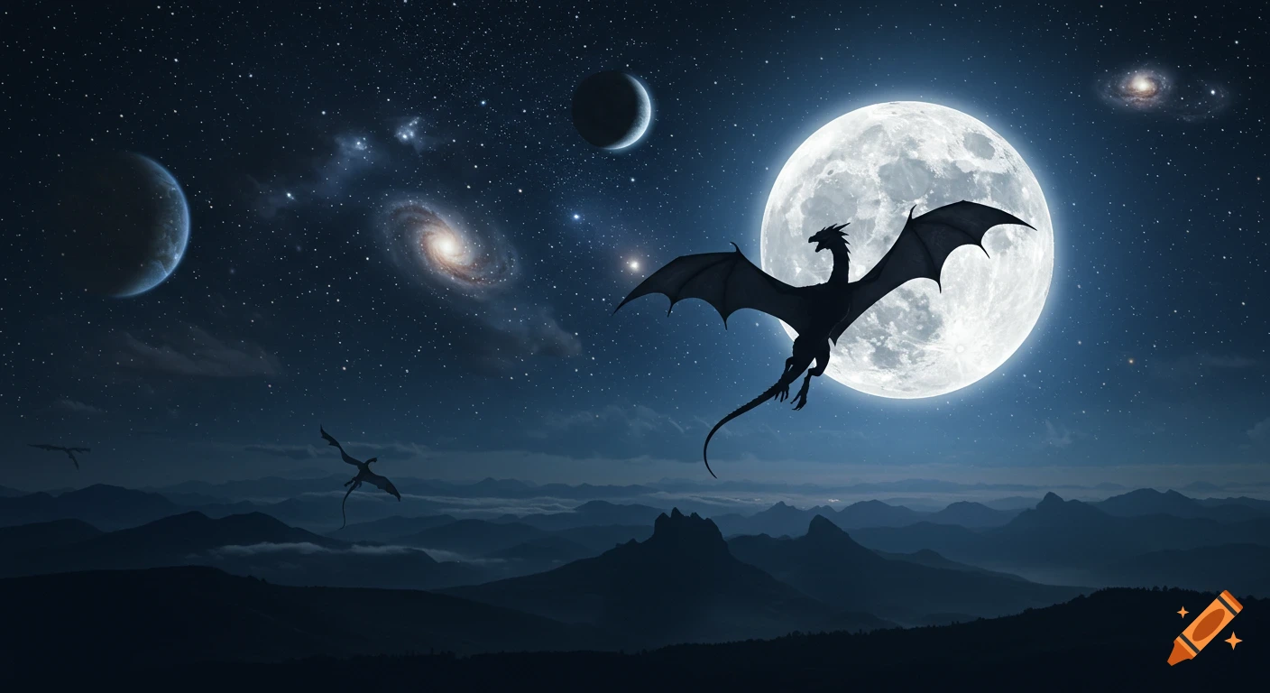 A black dragon silhouette flies in front of a giant moon, with planets, galaxies, and a star-filled night sky over dark mountains.
