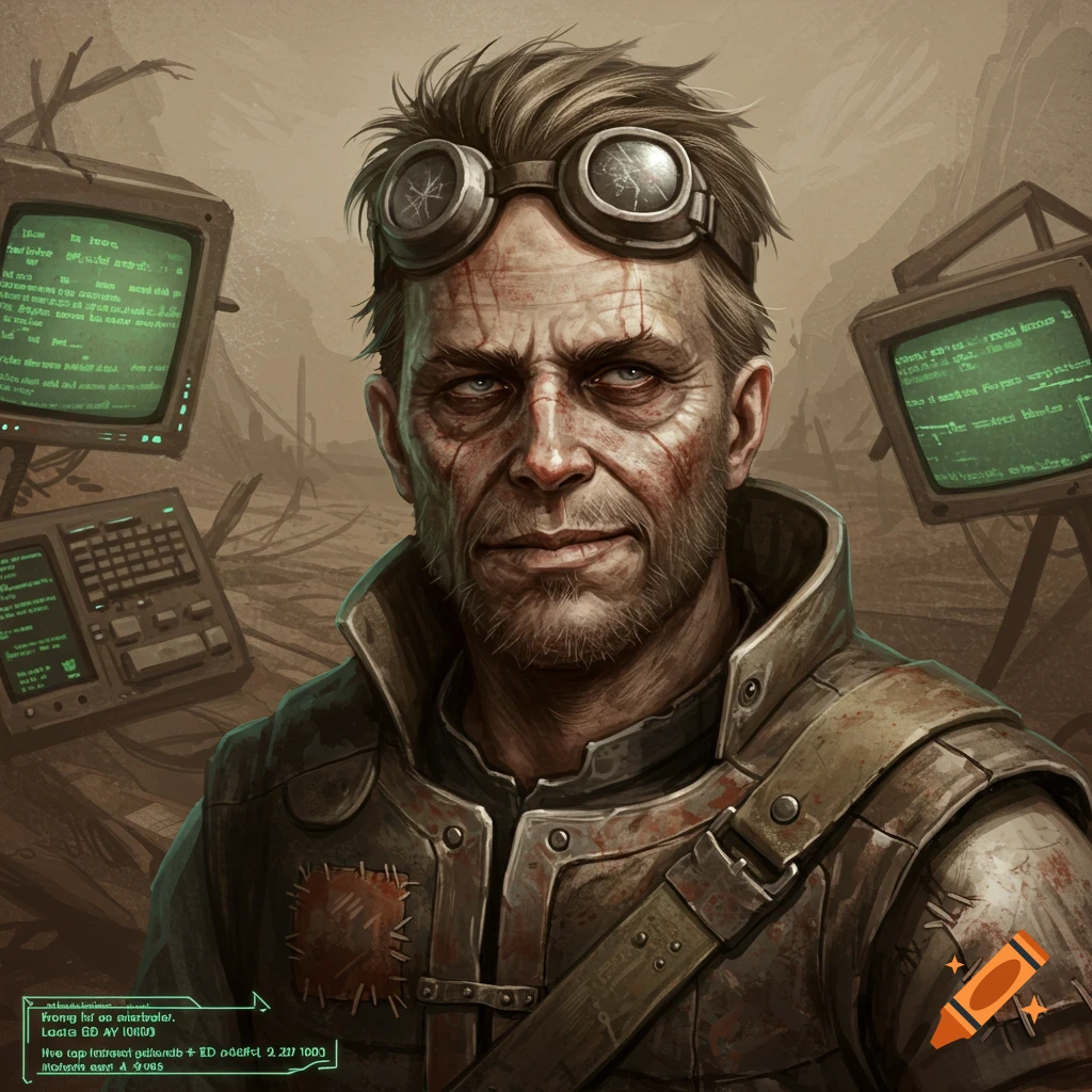 Close-up portrait of a grizzled, older man in post-apocalyptic attire and broken goggles, against a backdrop of computer screens with green text.
