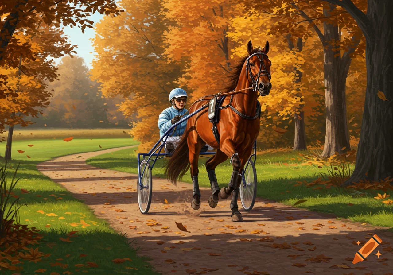 An illustrated brown harness racing horse pulls a sulky with a driver down a fall path lined with vibrant orange trees.