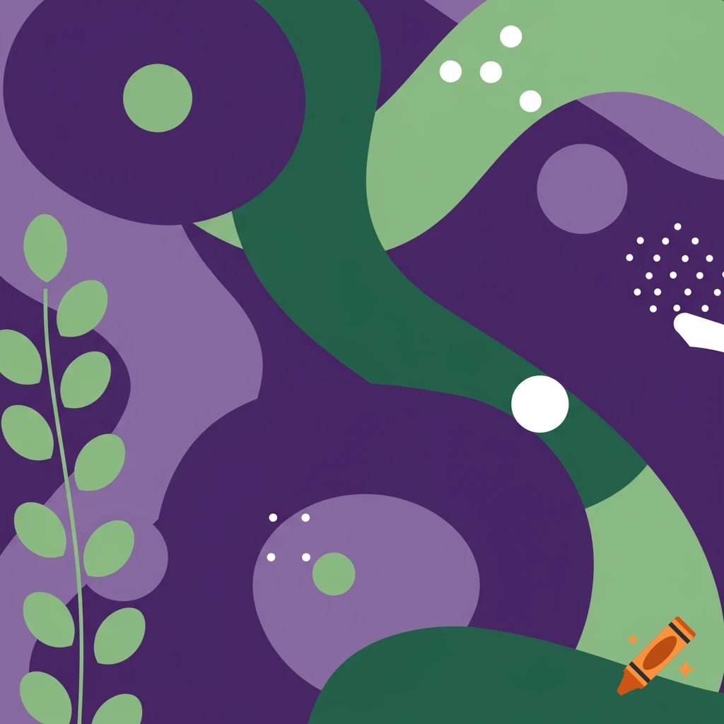 Abstract pattern of flowing dark purple, light purple, dark green, and light green shapes with white dots and circles.