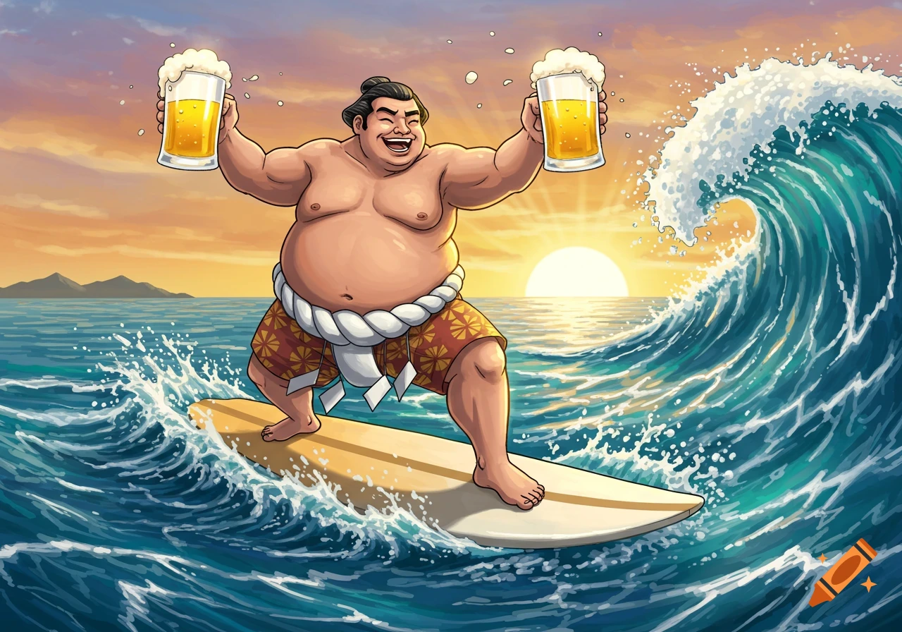 Cartoon of a smiling sumo wrestler surfing on a wave at sunset, holding two mugs of beer.