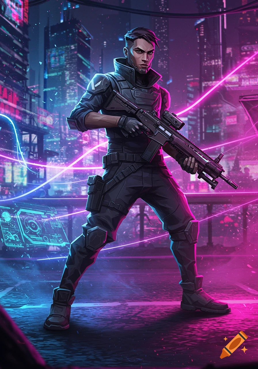 Stylized male character in tactical gear holding a rifle in a neon-lit cyberpunk city.