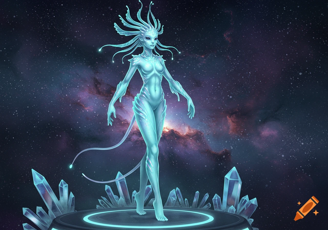 A glowing, light-blue alien woman stands on a crystal platform in space, a starry nebula behind her. Digital illustration.