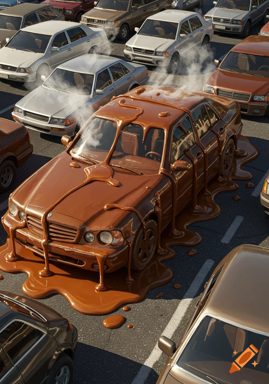 A photorealistic image of a brown car, appearing to be made of melting chocolate, stuck in a traffic jam among regular cars.