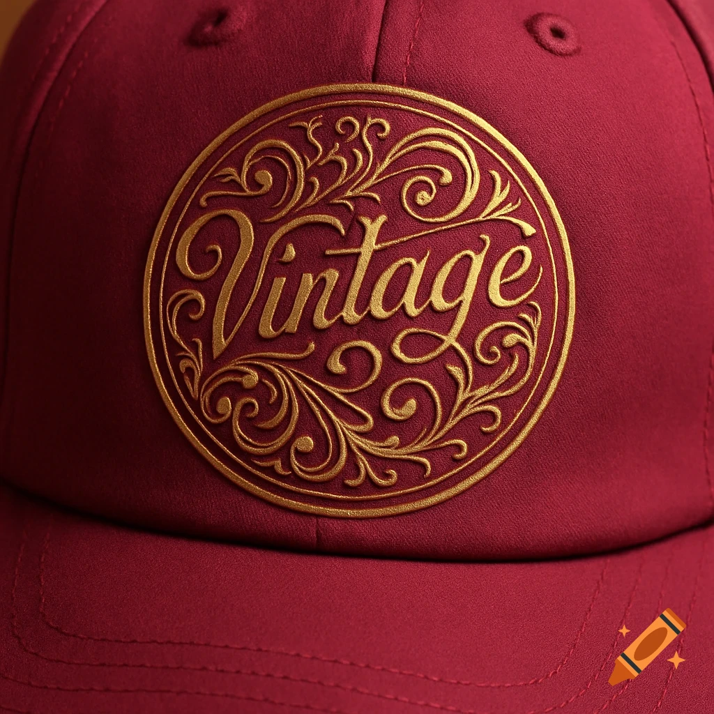 Close-up of a dark pink baseball cap featuring a gold circular label with ornate filigree and the word "Vintage".