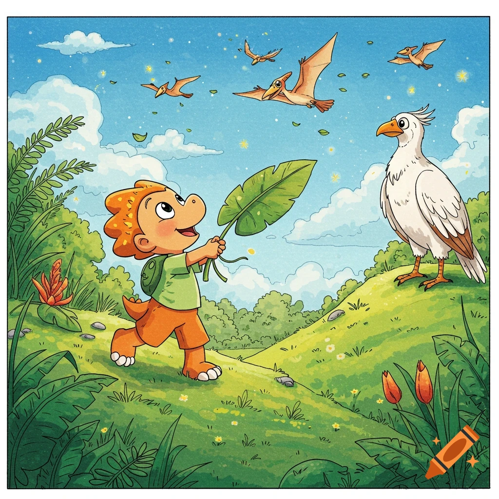 A happy cartoon dinosaur-child holds a leaf on a grassy hill, looking up at flying pterodactyls and a large white bird.