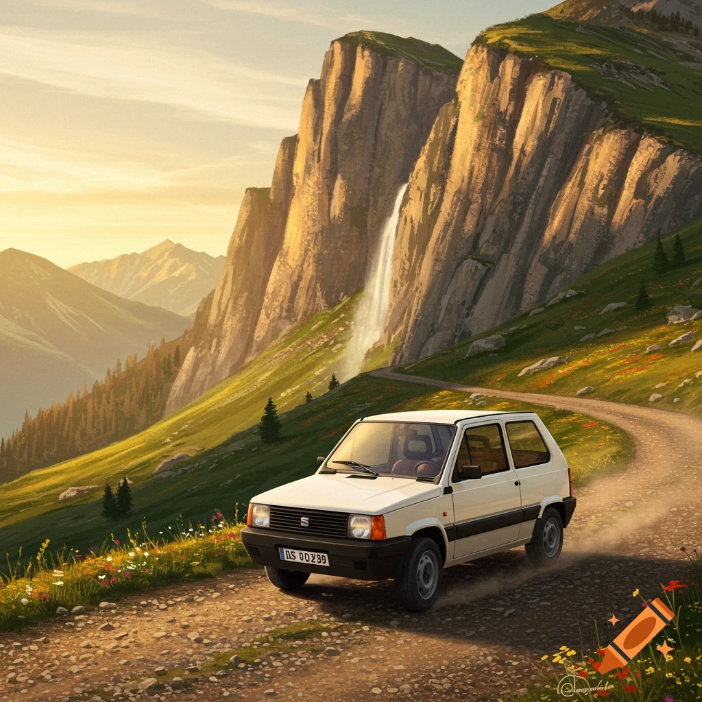 A white 1983 SEAT Panda drives on a dirt mountain road with a waterfall and green hills under a golden sunset.