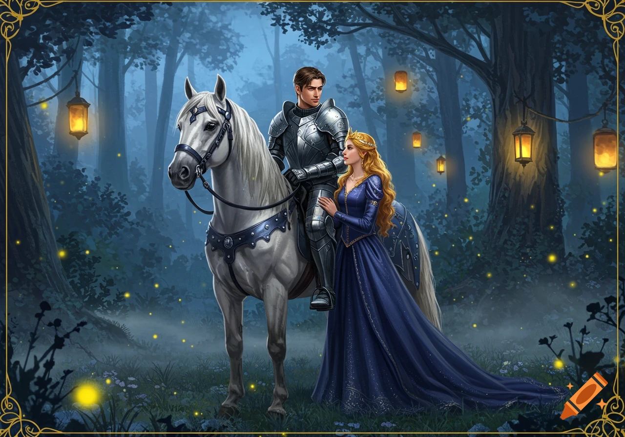 A knight on a white horse with a princess in a blue gown in a magical, dark forest lit by lanterns and fireflies.