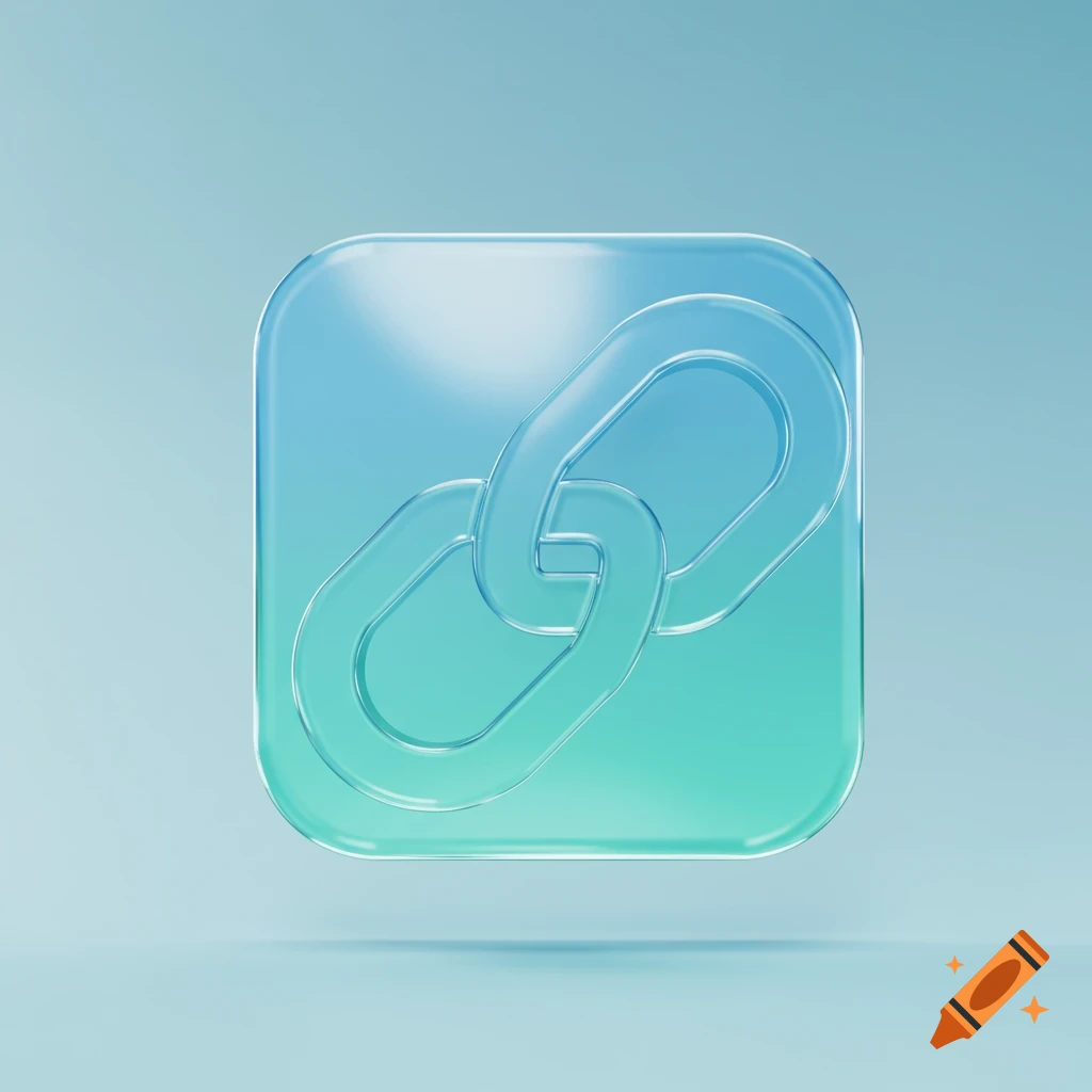 A 3D glassmorphism icon featuring two interlocking chain links in sky blue and mint green gradients, floating against a light blue background.