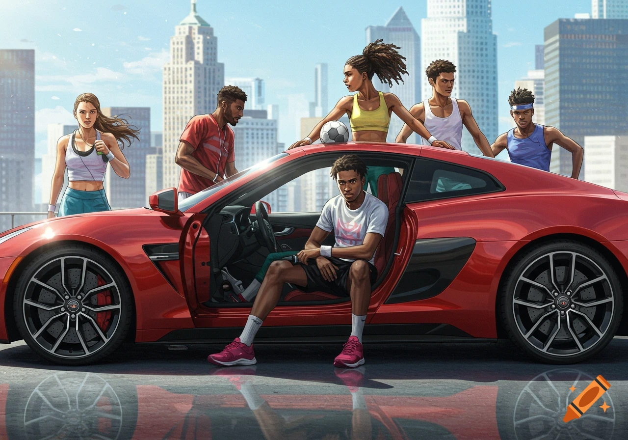 Digital art of athletic young adults posing around a red sports car in a city, with skyscrapers in the background.