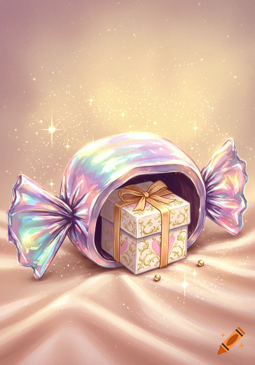 A shimmering iridescent candy wrapper opens to reveal a decorated gift box with a gold ribbon, surrounded by golden sparkles.