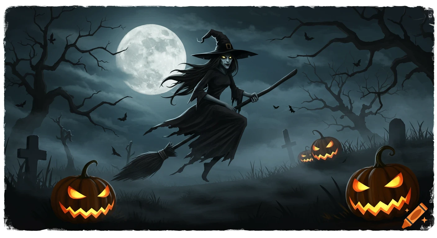 A witch flies on a broom over a spooky graveyard under a full moon, with glowing jack-o'-lanterns and bare trees in an illustration.