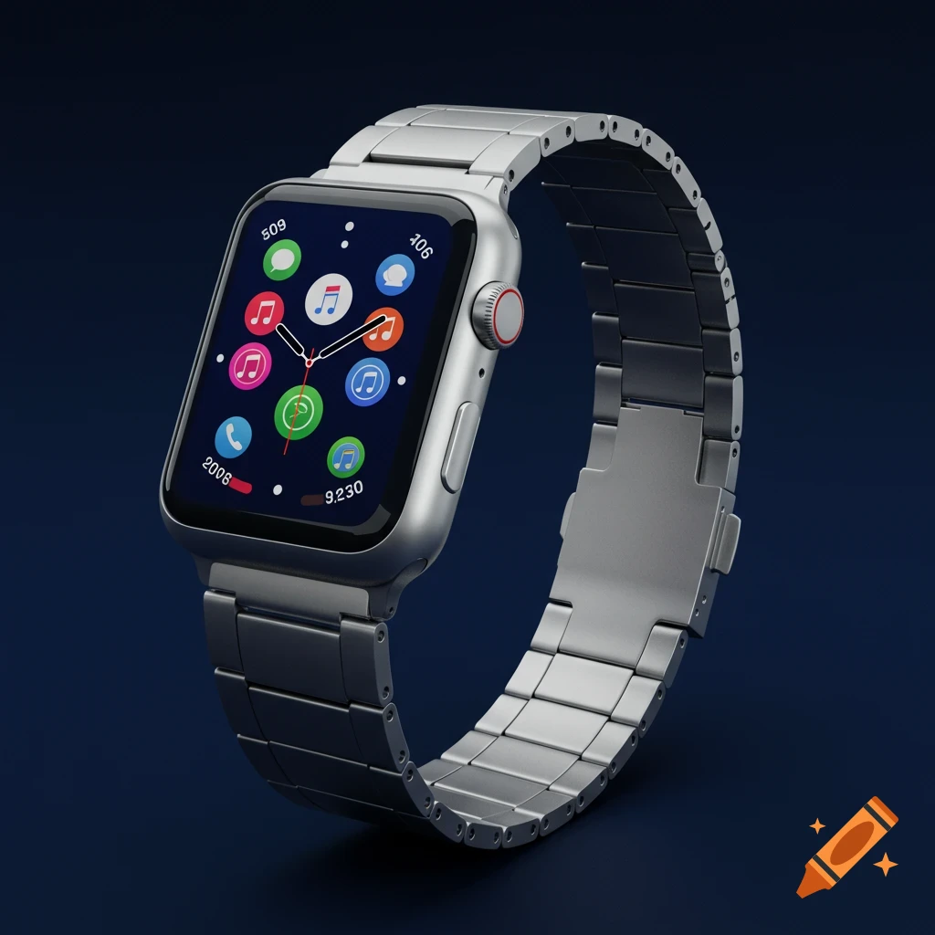 A photorealistic silver Apple Watch with a metal link bracelet and colorful app icons on a dark blue background.