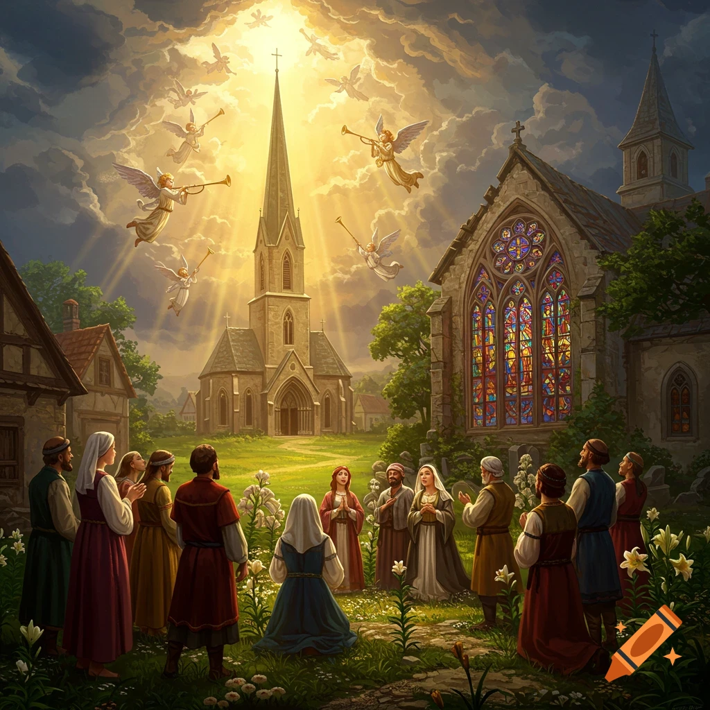 A group of people prays in a field outside a church, looking up at angels flying in a bright, cloudy sky with rays of light.