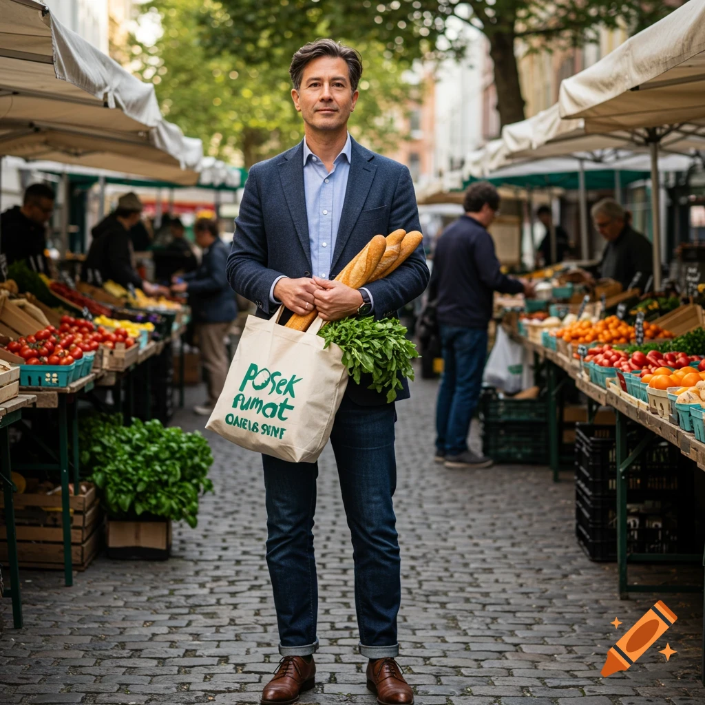A man in a suit and jeans stands in an outdoor market, holding a canvas bag filled with baguettes and greens.