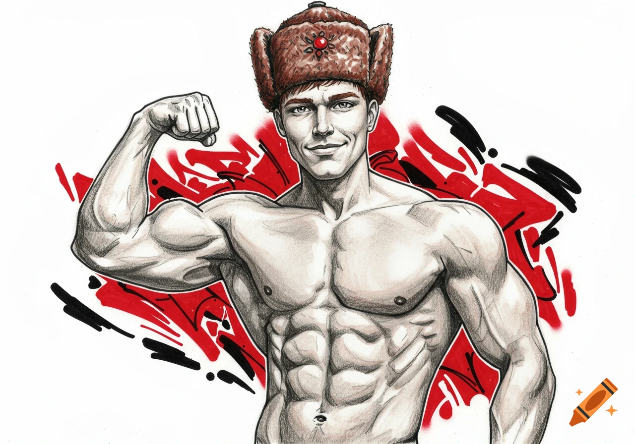 Muscular man in a brown fur papakha flexing his bicep, in a pencil sketch style with red and black graffiti background.