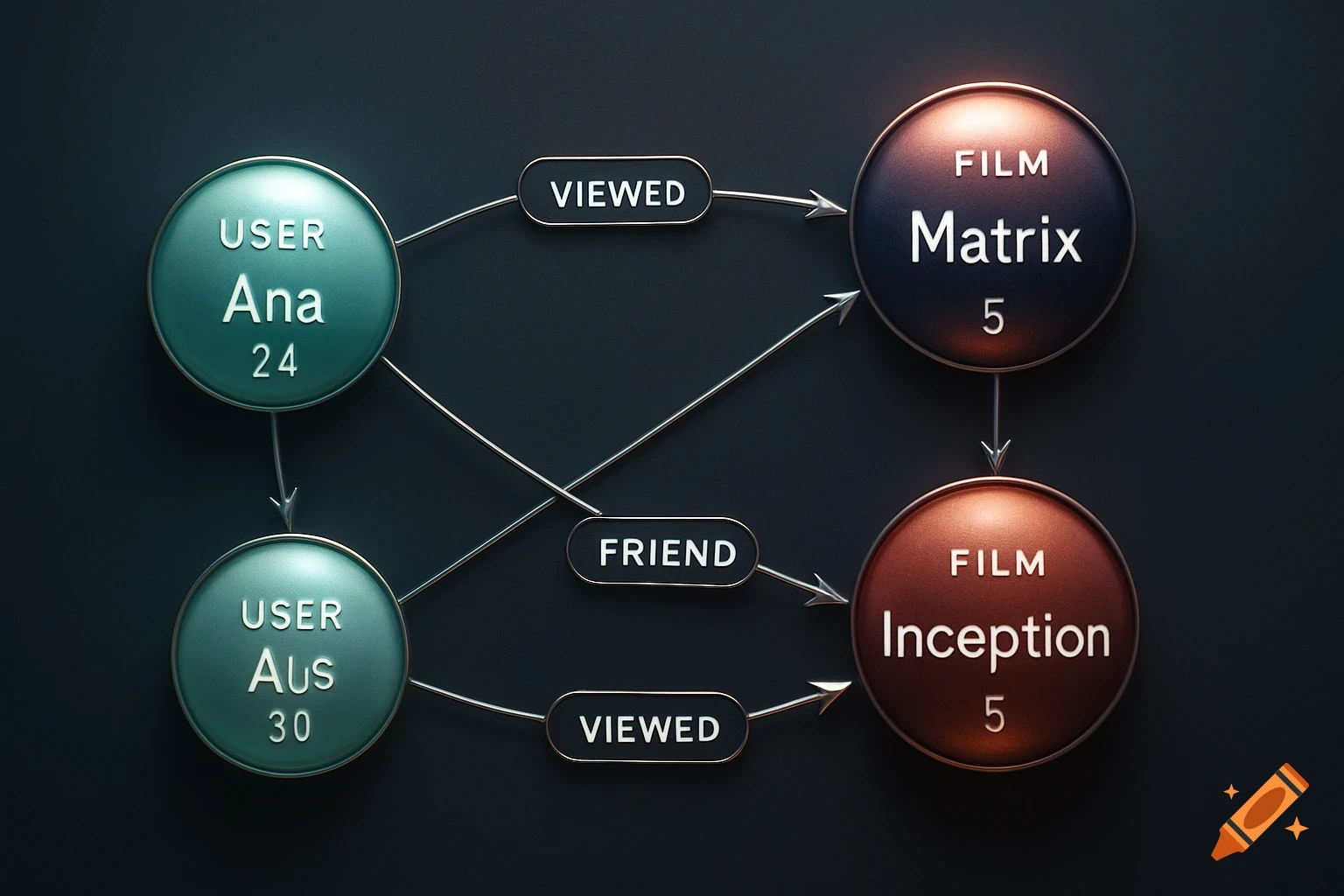 A 3D rendered graph model showing relationships between two users (Ana, Aus) and two films (Matrix, Inception). Nodes are glossy spheres, connections are metallic lines.