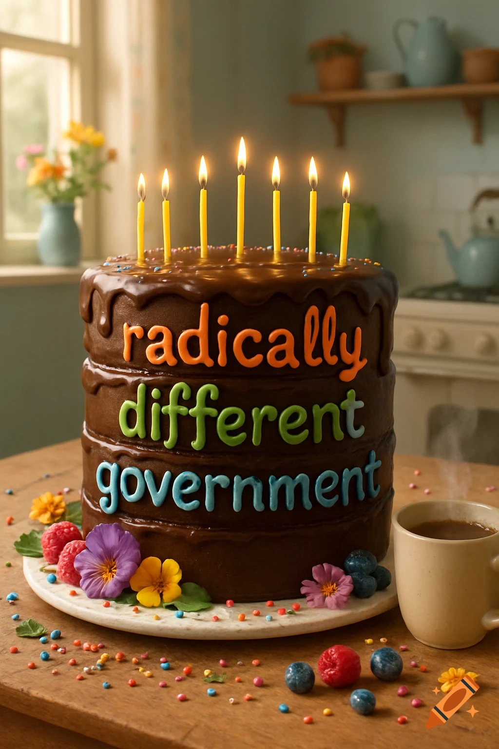Photorealistic chocolate cake with burning candles, spelling "radically different government" in colorful icing, decorated with berries and sprinkles.