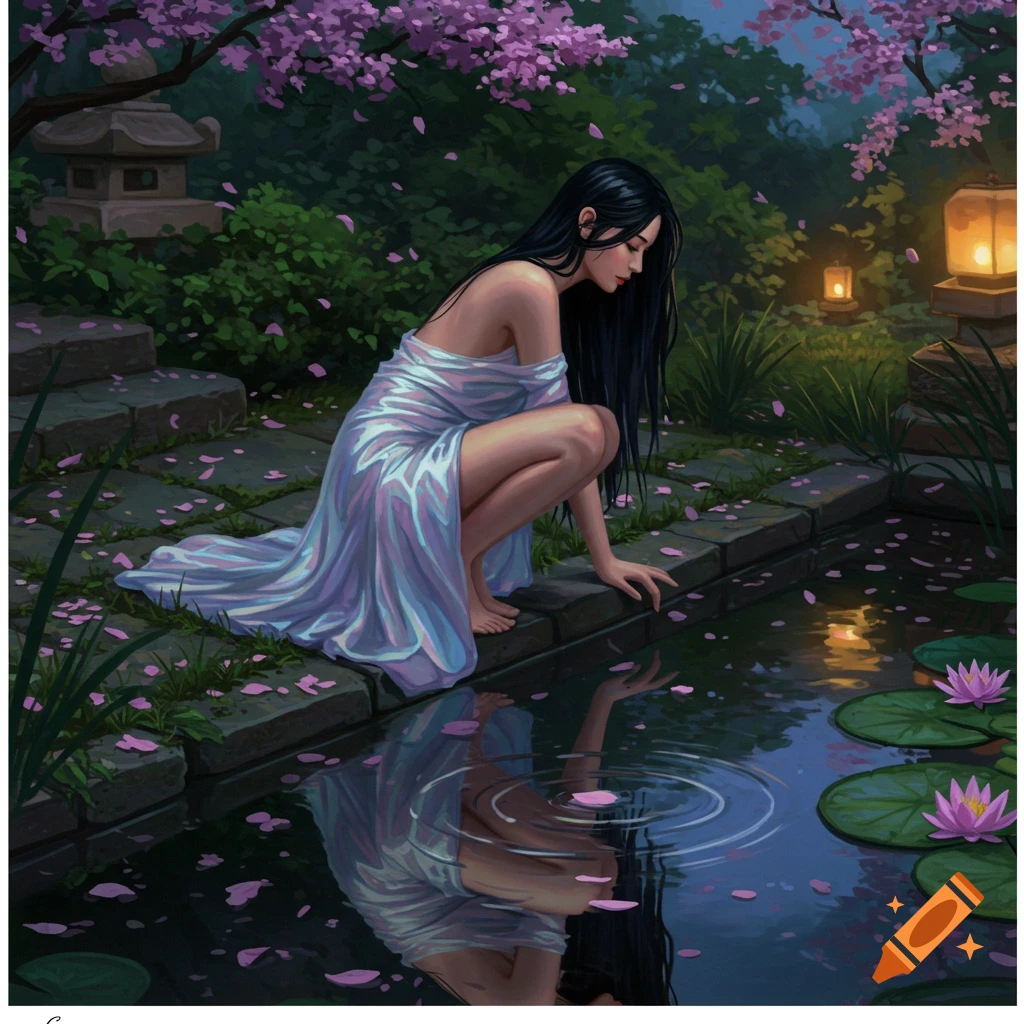 A serene woman in a flowing dress crouches by a pond in a moonlit Japanese garden with cherry blossoms, touching the water's surface.