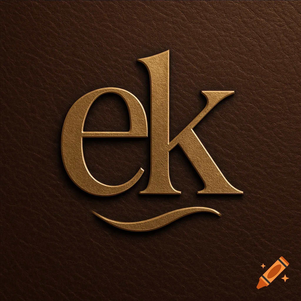 Gold embossed 'ek' letters on a dark brown leather texture with a decorative swirl.