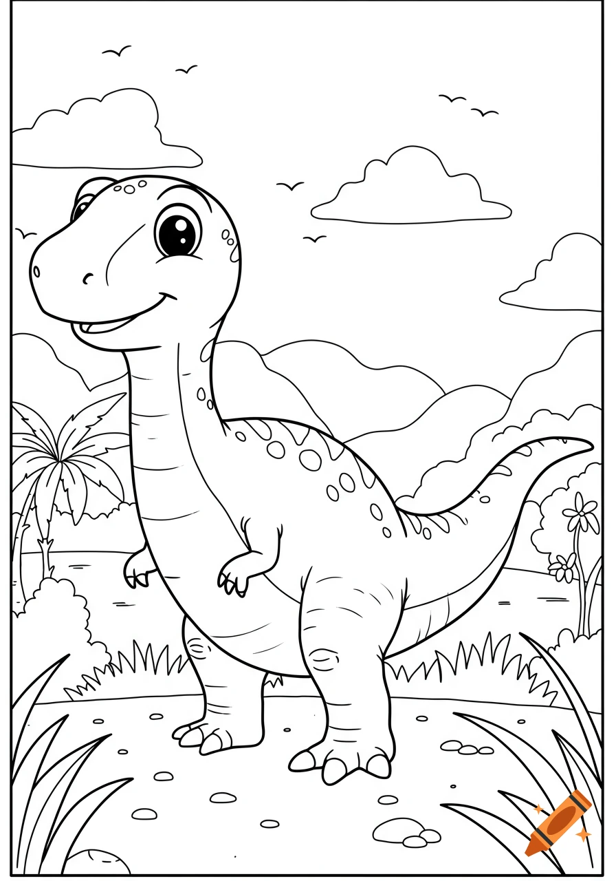 A happy cartoon allosaurus stands in a prehistoric landscape with mountains and palm trees, depicted as a black and white coloring page.