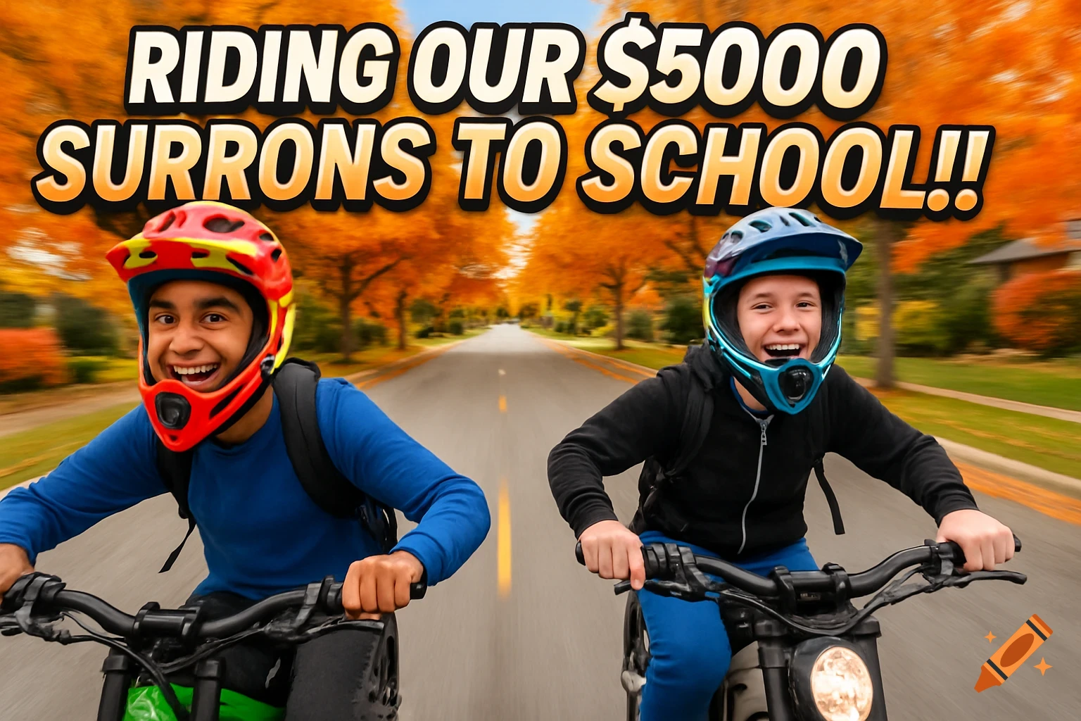 Two boys in helmets smile widely while riding electric bikes down an autumn street, with a YouTube-style title overhead.