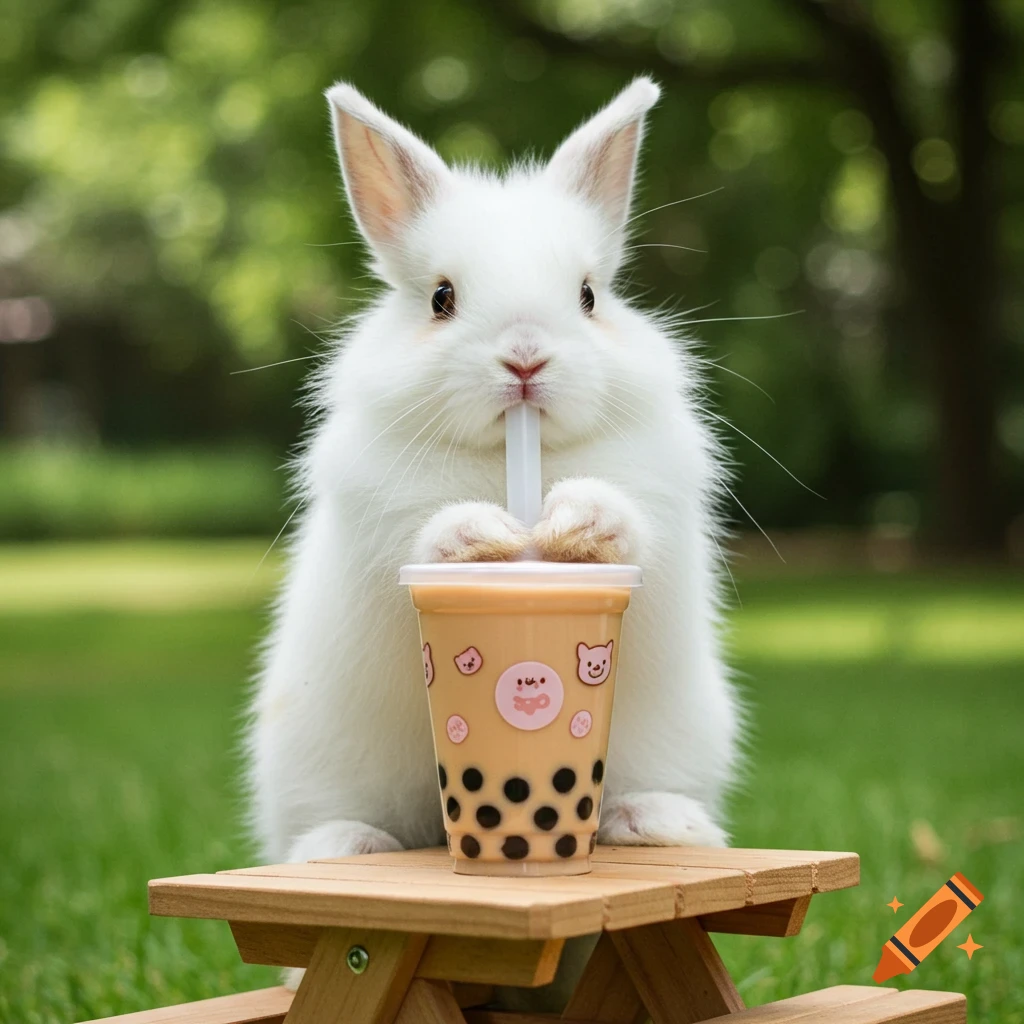 A fluffy white bunny sits on a wooden picnic table, drinking boba tea from a cup with a straw in a grassy outdoor setting.