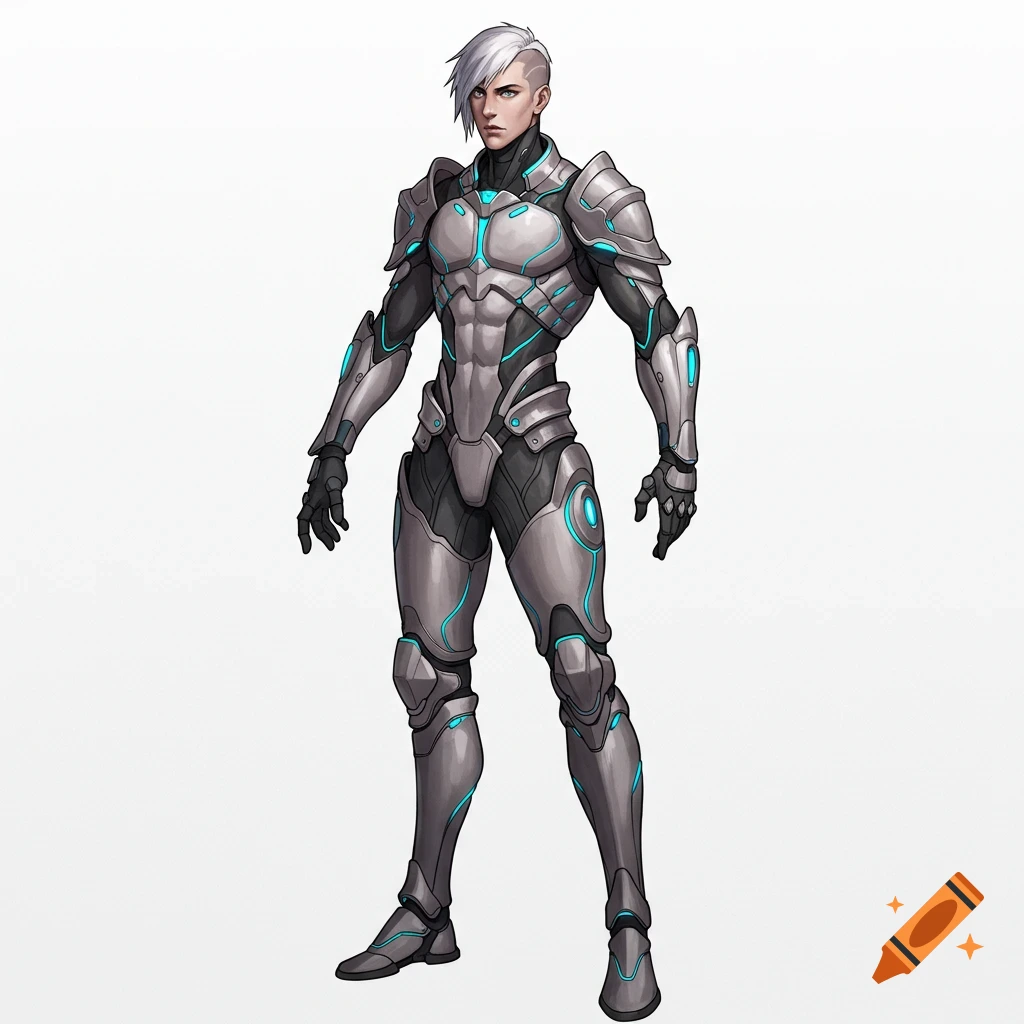 Anime male warrior in futuristic grey and black armor with glowing blue accents, standing on a white background.