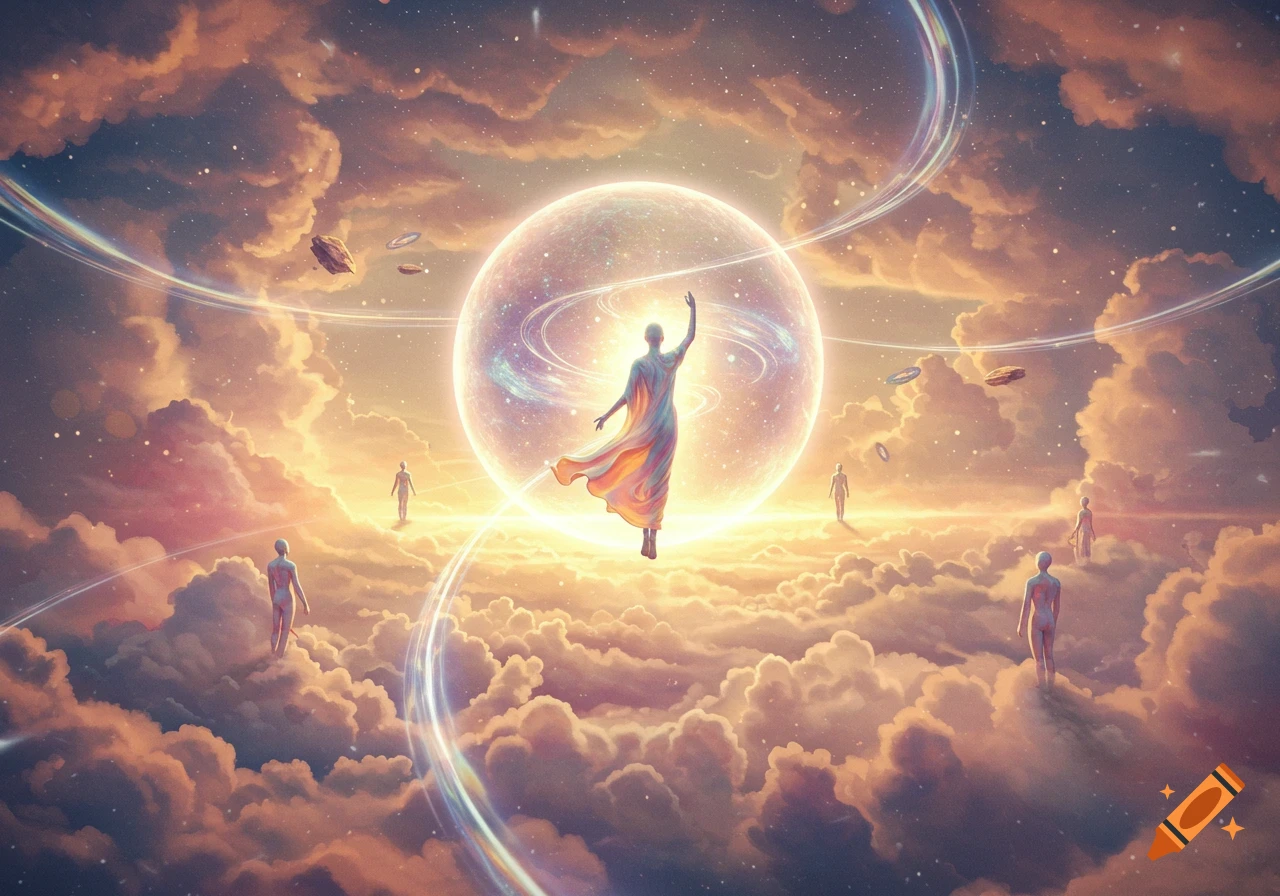 Ethereal robed figure stands before a glowing cosmic orb amidst clouds, with other figures in a starry sky.