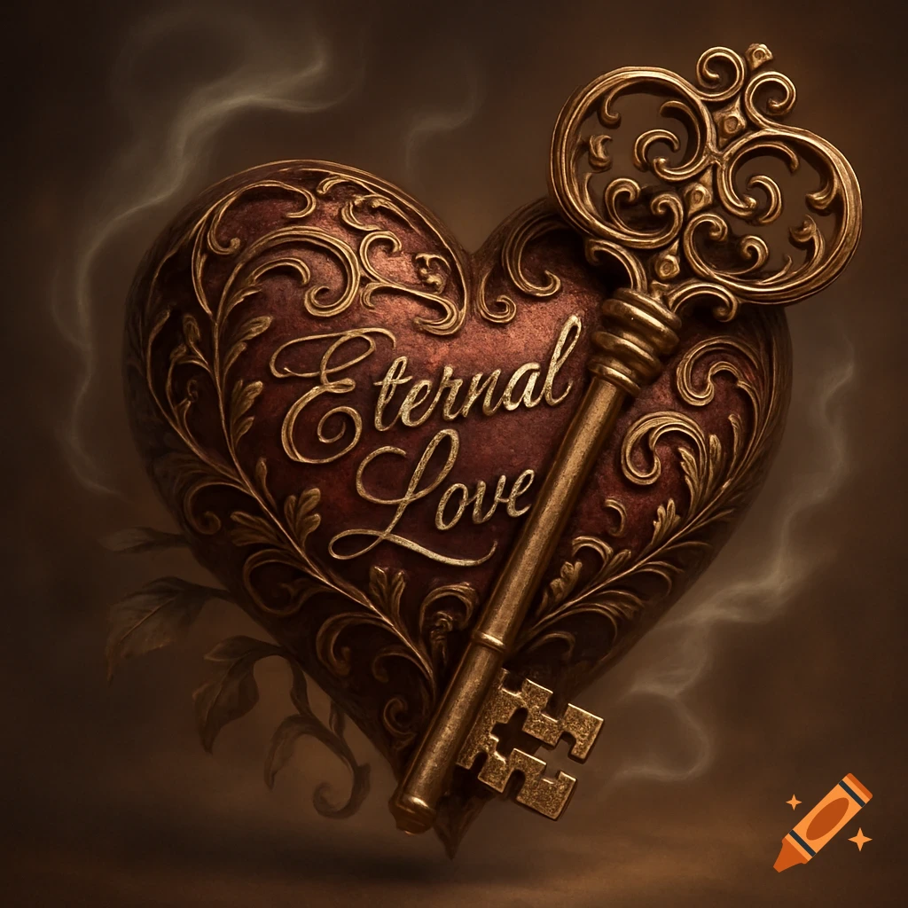Ornate red heart with gold filigree and 'Eternal Love' text, with a large golden key resting on top.