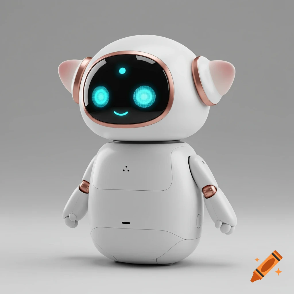 A cute, white, spherical robot with glowing blue eyes and smile, pink ears, and rose gold accents.
