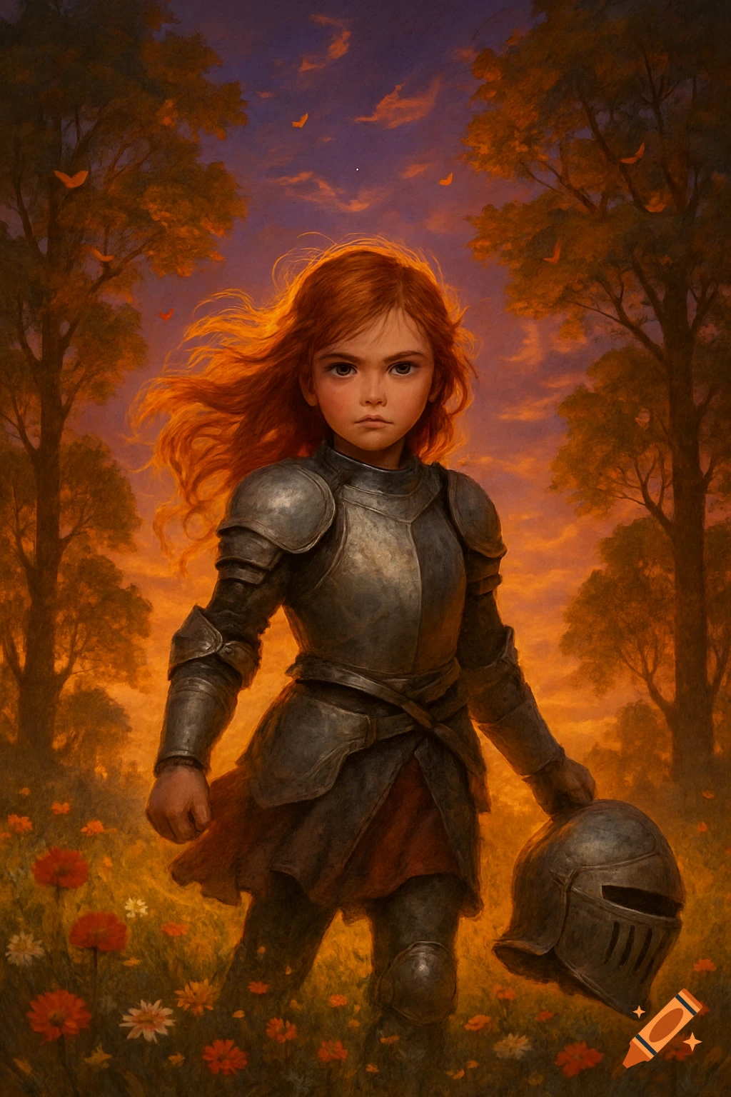 A red-haired girl in knight's armor holds a helmet in a flower field against a sunset sky, in a fantasy art style.