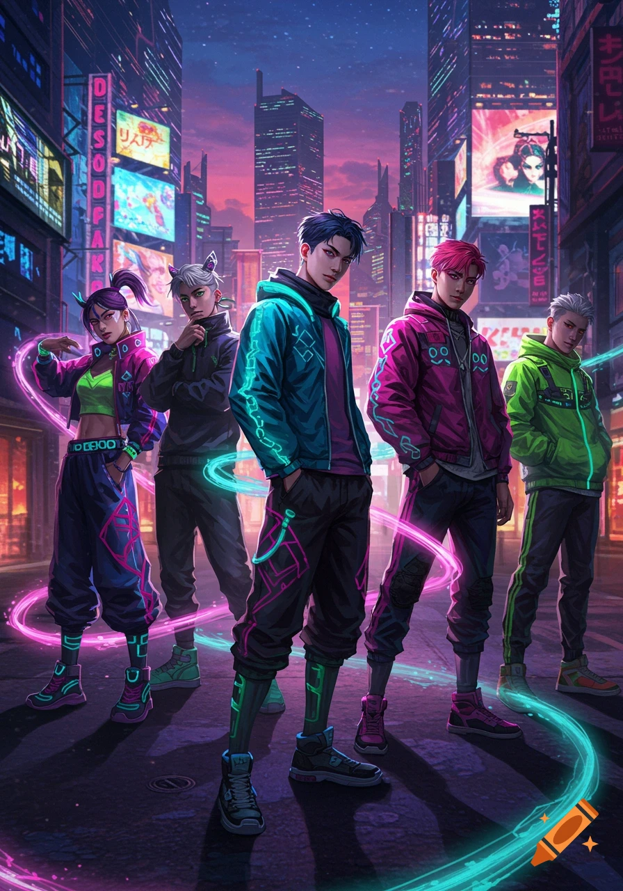 Five K-pop inspired youths with neon accents stand in a futuristic, cyberpunk city at night.
