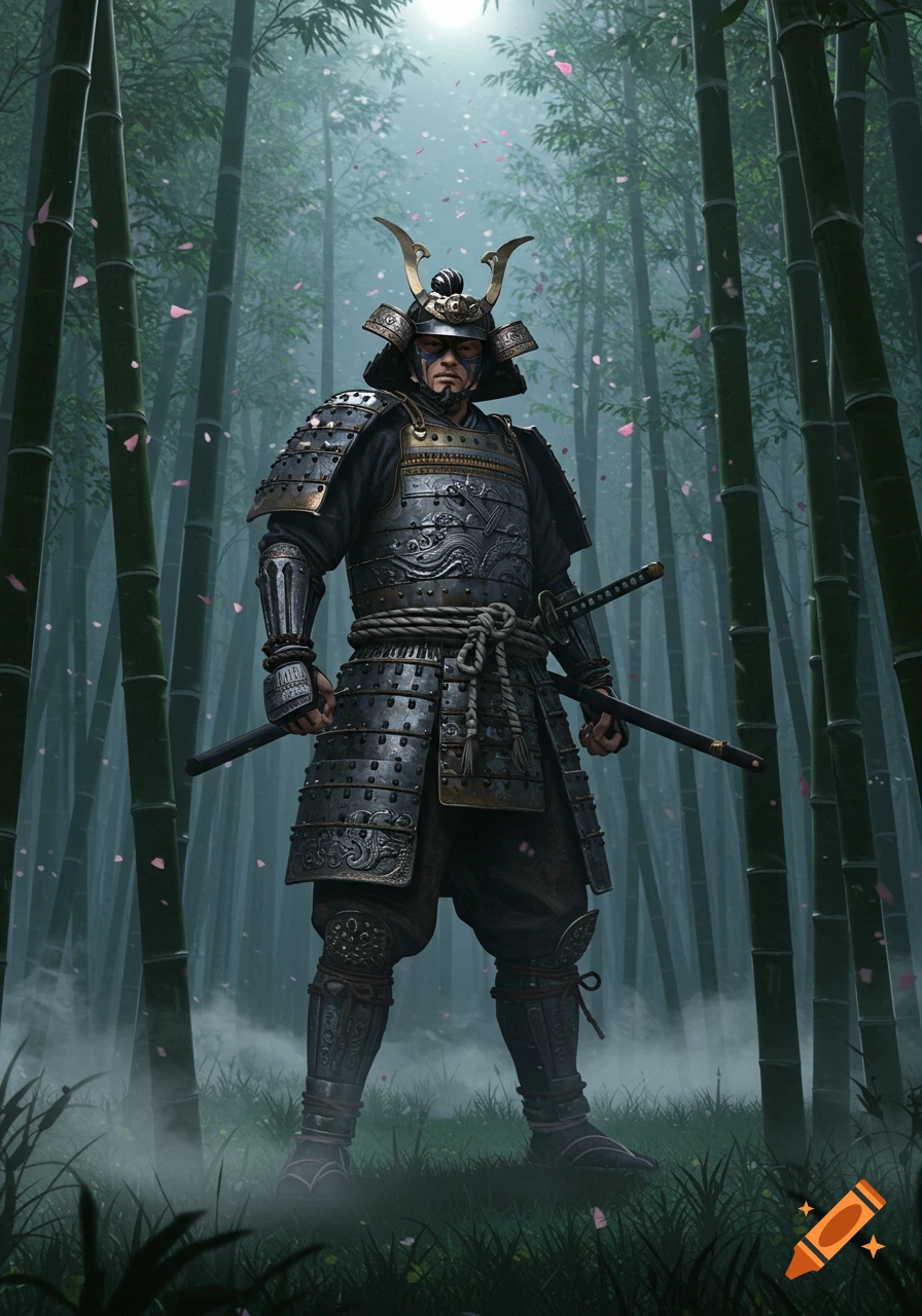 A photorealistic samurai in full armor, holding two swords, stands in a misty bamboo forest with falling cherry blossom petals.