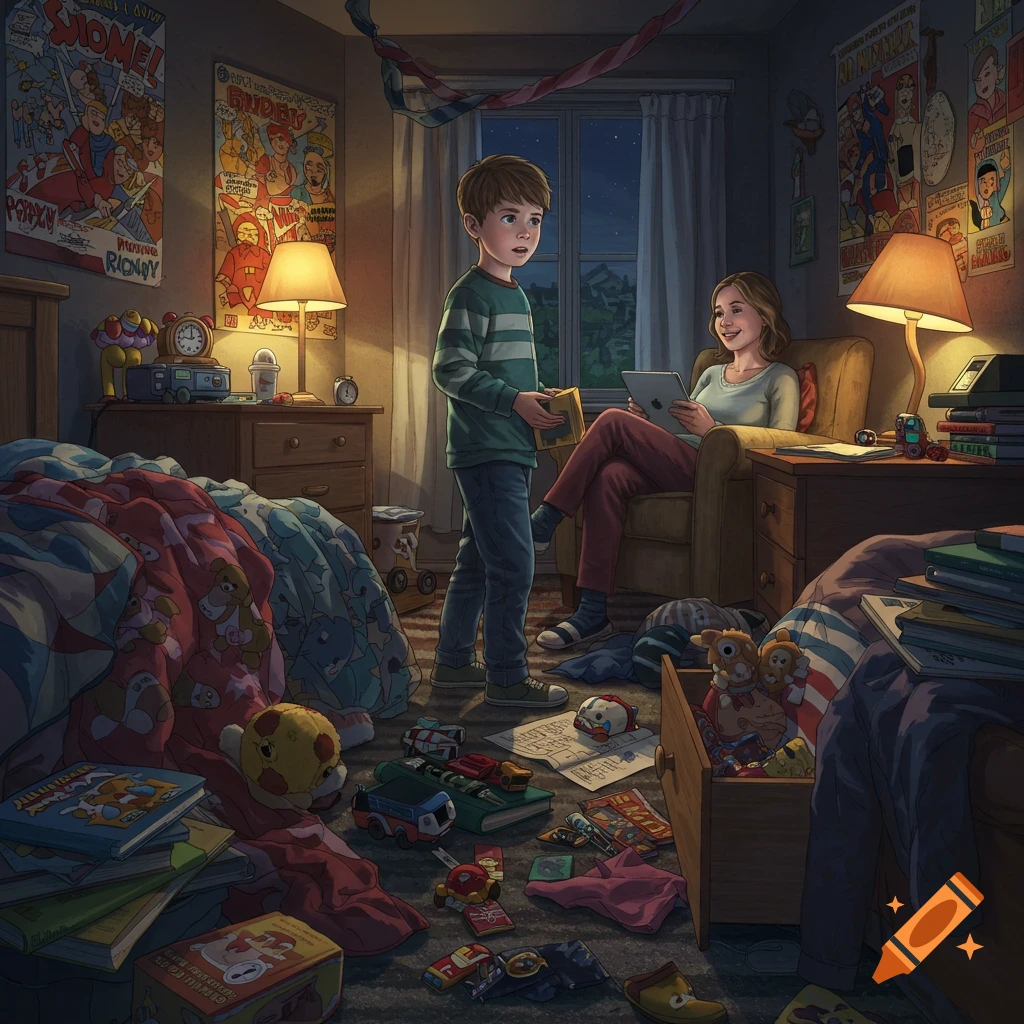 A young boy stands in a messy bedroom, holding a box, while a woman sits in an armchair nearby, looking at a tablet in a detailed illustration.