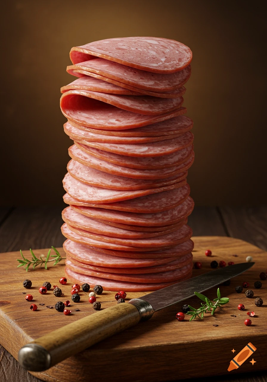 Tall stack of deli meat slices on a wooden cutting board with a knife, peppercorns, and rosemary sprigs, photorealistic.