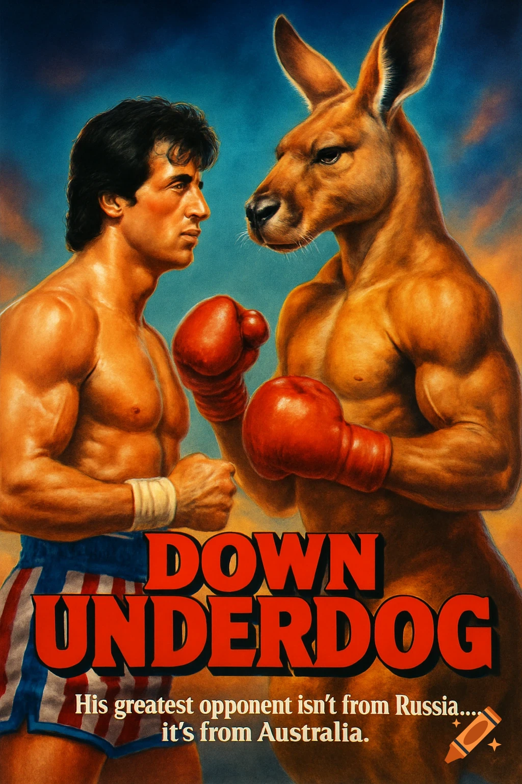 Stylized 80s movie poster of Rocky Balboa facing a muscular kangaroo wearing boxing gloves, with title 'DOWN UNDERDOG'.