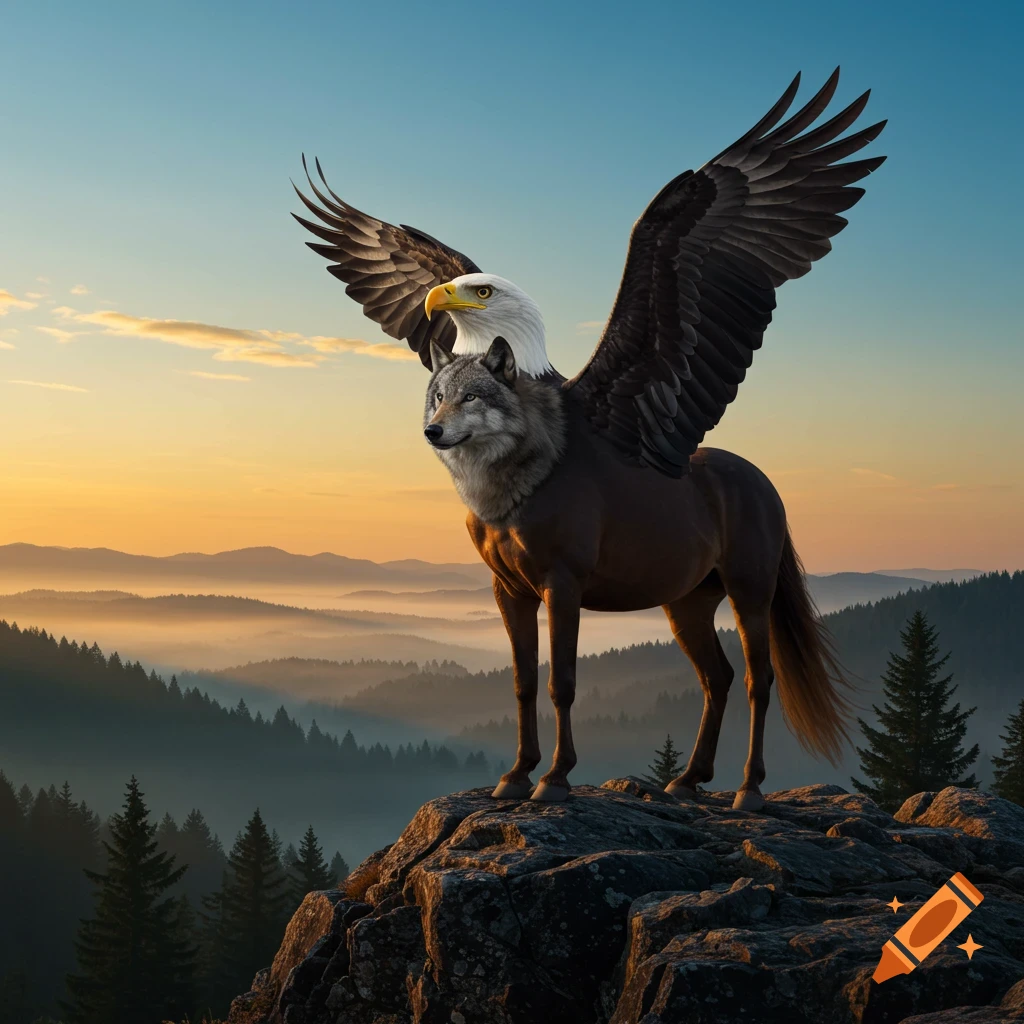 A majestic hybrid creature with an eagle head, wolf body, and horse legs stands on a rocky mountain peak at sunset.