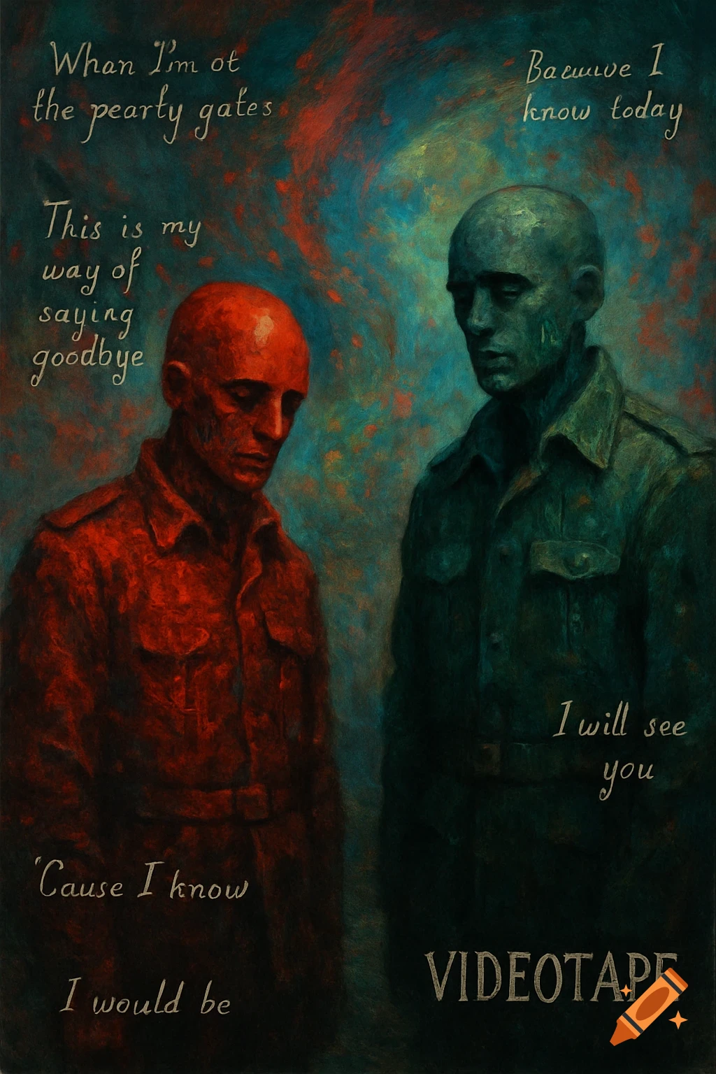 Two bald figures, one red and one green, in military-style uniforms against an abstract blue and red background, with lyrics written around them in a stylized painterly art style.