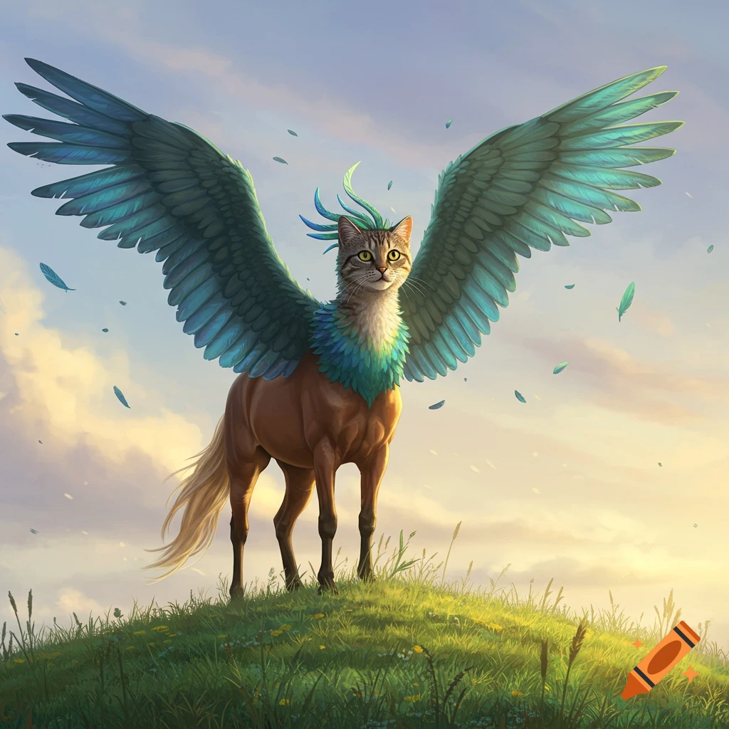 A detailed illustration of a cat-headed creature with a horse body and large teal wings, standing on a grassy hill at sunset.