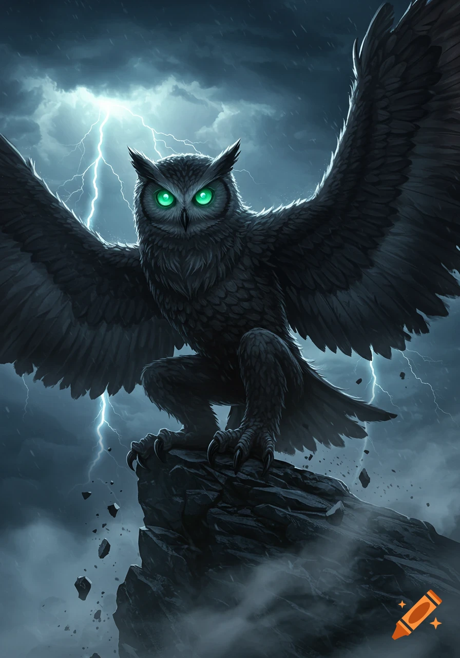 Dark fantasy art of an owl monster with glowing green eyes perched on a stormy rocky peak, wings spread, with lightning in the sky.