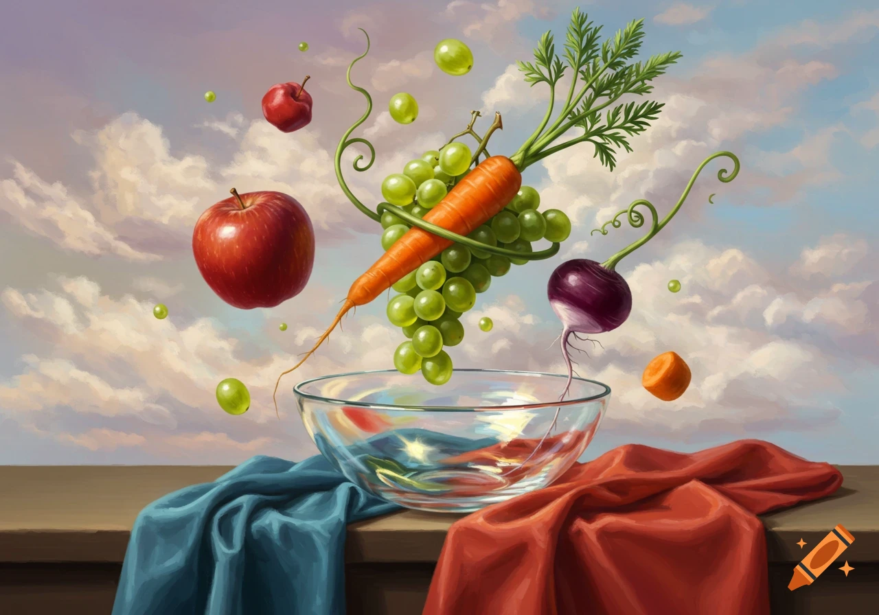 Surreal still life painting of floating fruits and vegetables above a glass bowl with draped cloths against a cloudy sky.