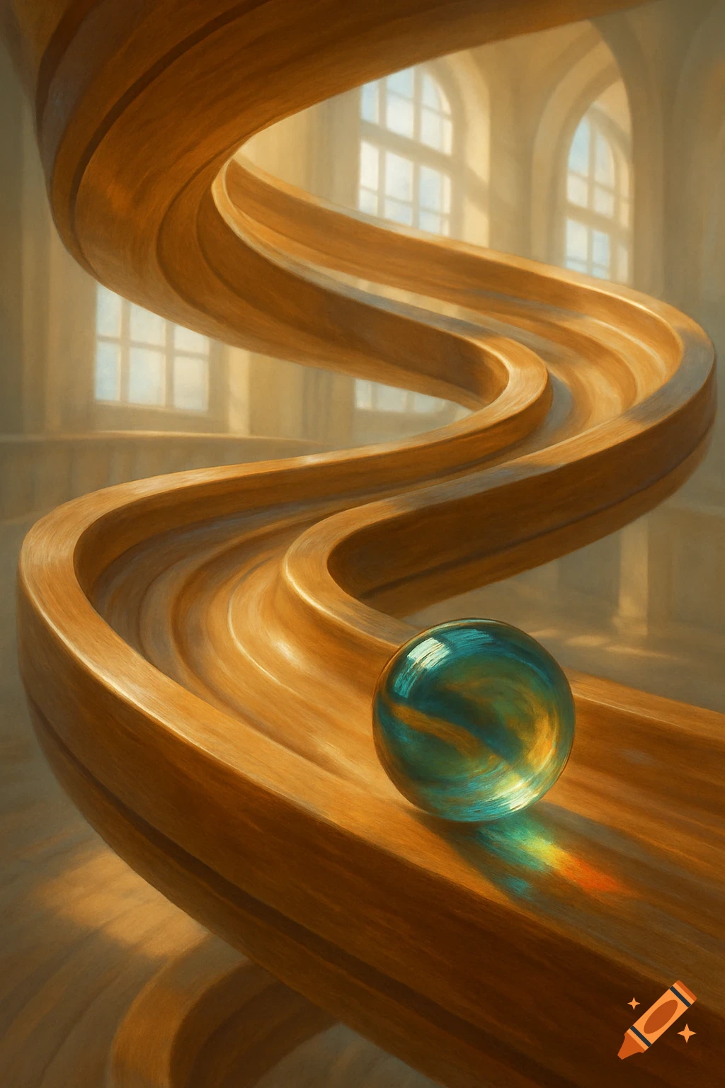 A vibrant, iridescent marble rests on a long, winding wooden spiral ramp in a sunlit room with arched windows.
