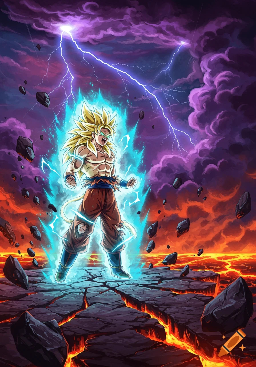 Goku in Super Saiyan 3 form, surrounded by blue energy, stands on cracked lava ground under a stormy purple sky with lightning. Anime illustration.