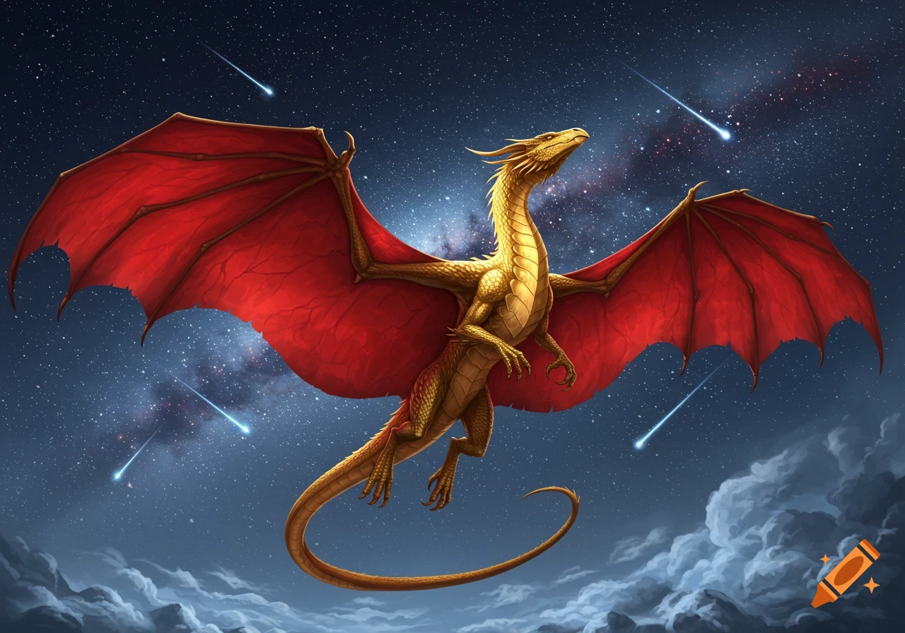 A majestic golden dragon with large red wings soars through a dark, star-filled night sky with shooting stars.