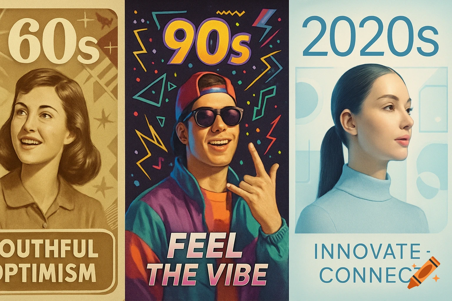 A triptych of three panels: '60s Youthful Optimism' with a smiling woman, '90s Feel The Vibe' with a man in sunglasses, and '2020s Innovate-Connect' with a woman in a turtleneck.