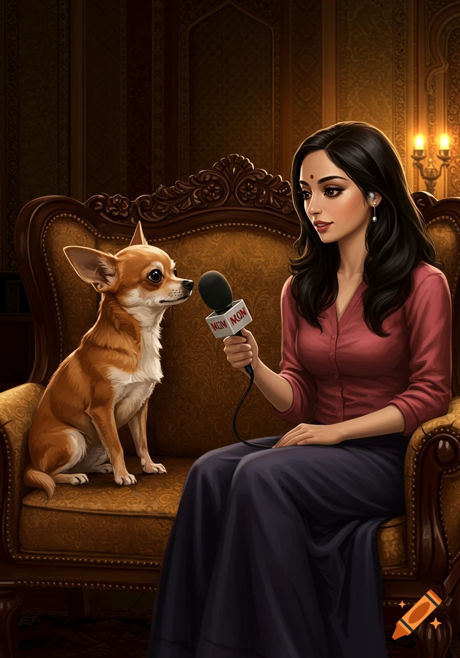 A cartoonish Indian woman in a formal setting interviews a chihuahua with a microphone.