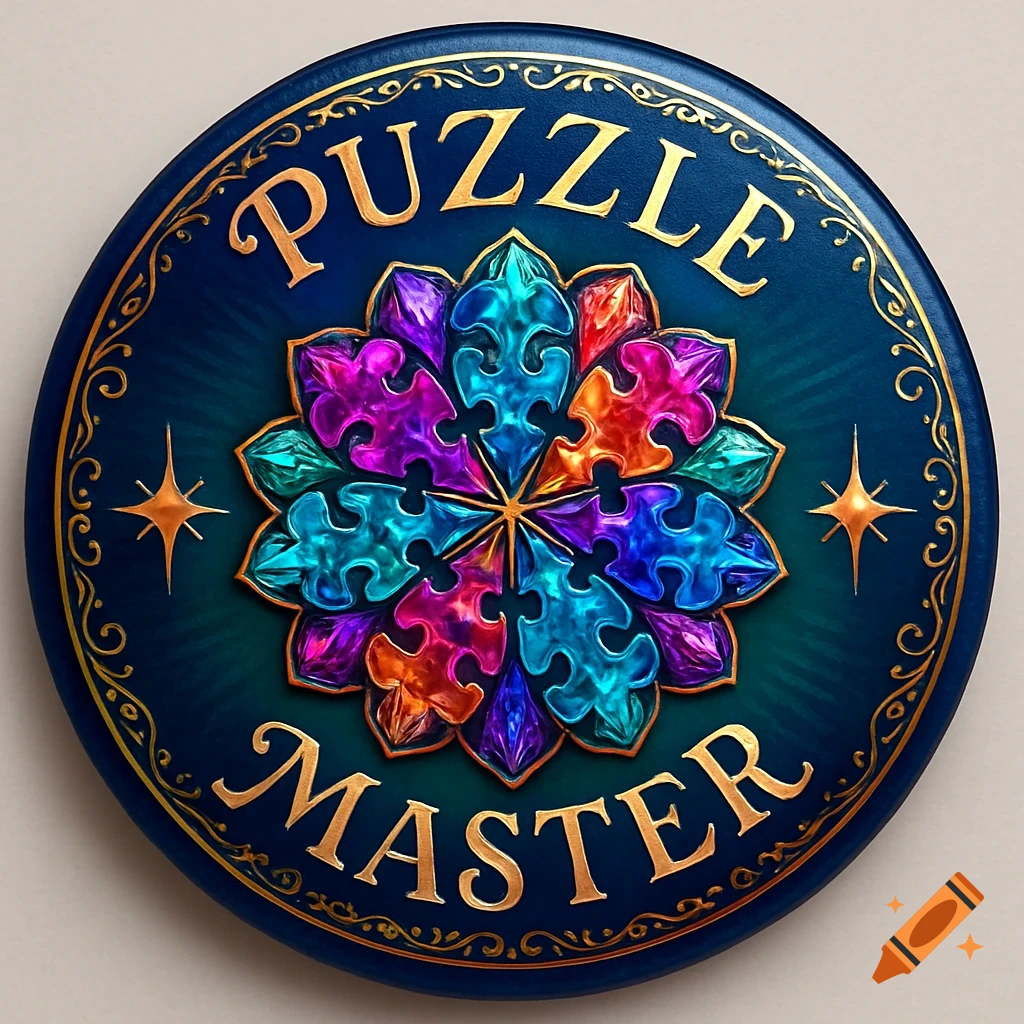 Round dark blue button with gold 'PUZZLE MASTER' text and a vibrant, kaleidoscopic puzzle piece design.