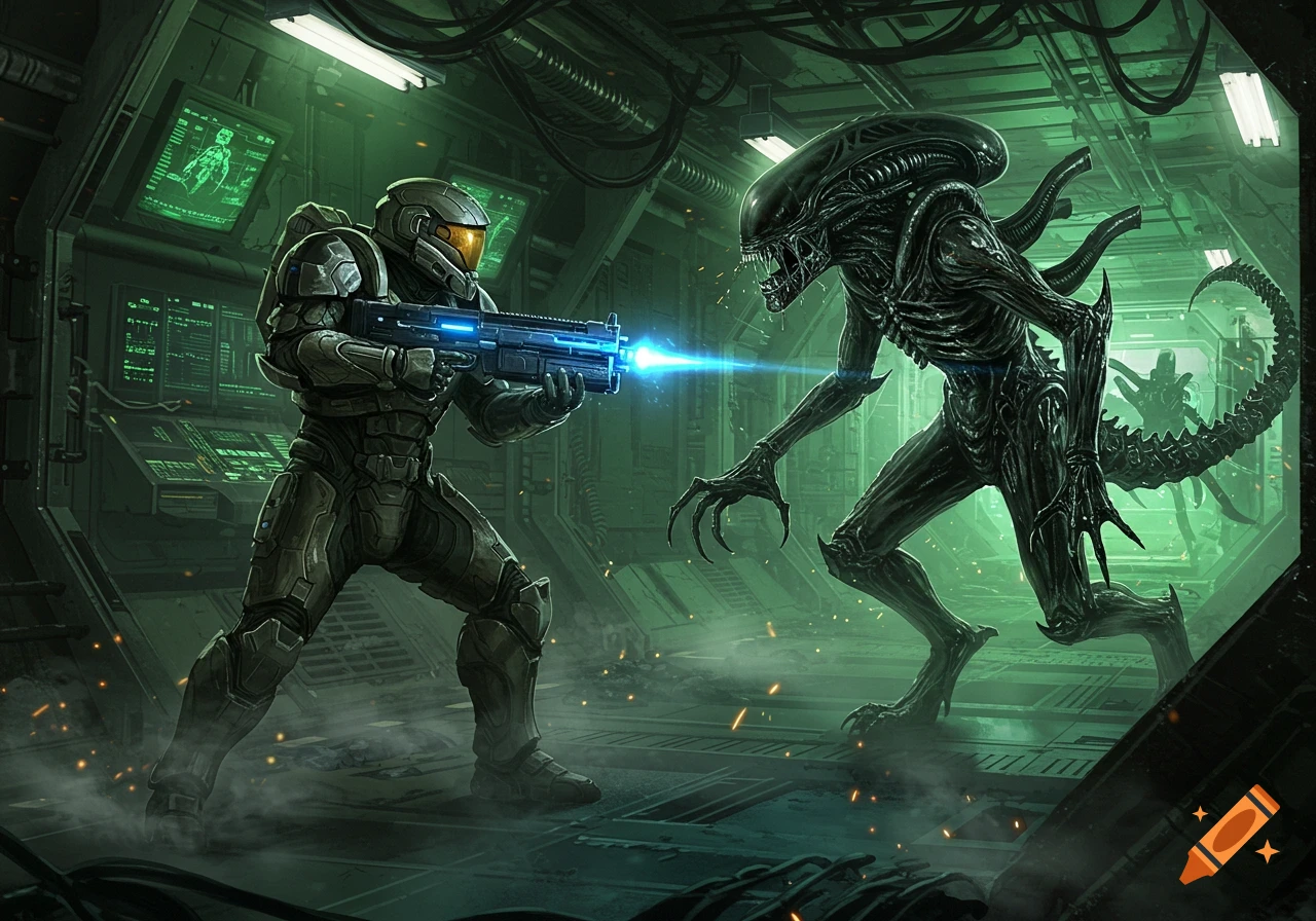 A space marine in power armor blasts a xenomorph alien with a laser rifle in a dark, futuristic spaceship corridor.